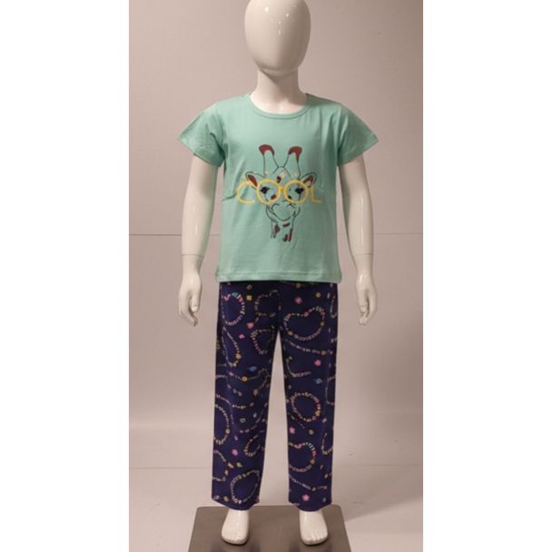 Aqua green giraffe print kids t-shirt with navy blue heart print pajama set India