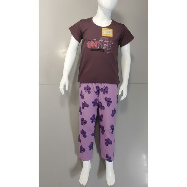 Kids brown top and lilac butterfly print pyjama set India