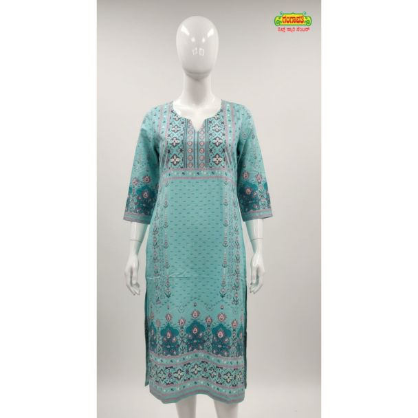 Aqua Blue geometric printed straight kurti with 3/4 sleeves and notched neck - Gangavathi Exports