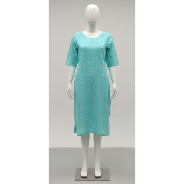 Aqua colored straight cut cotton kurti on a mannequin showing 3/4 sleeves India