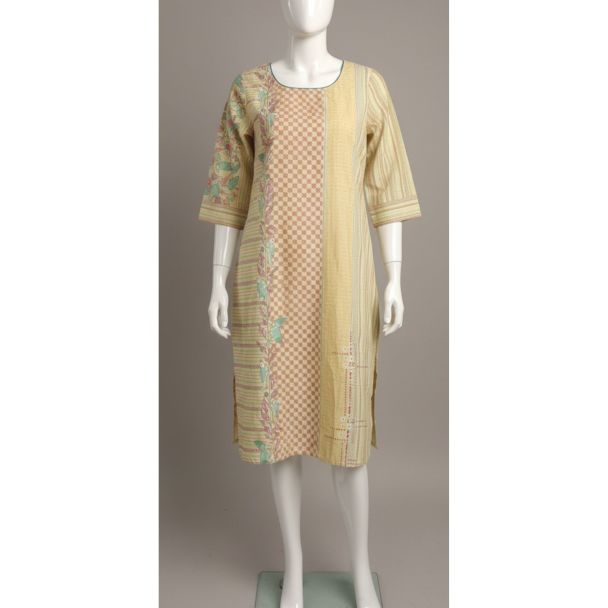 Beige multi-pattern cotton kurti knee length 3/4 sleeve displayed on a mannequin