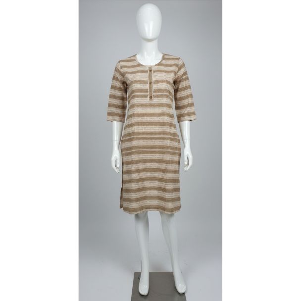 Beige and brown striped cotton kurti 3/4 sleeve knee-length - Gangavathi Exports