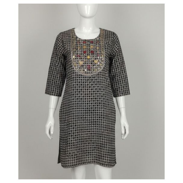 Black and White checkered kurti with 3/4 sleeve and embellished neckline - Gangavathi Exports