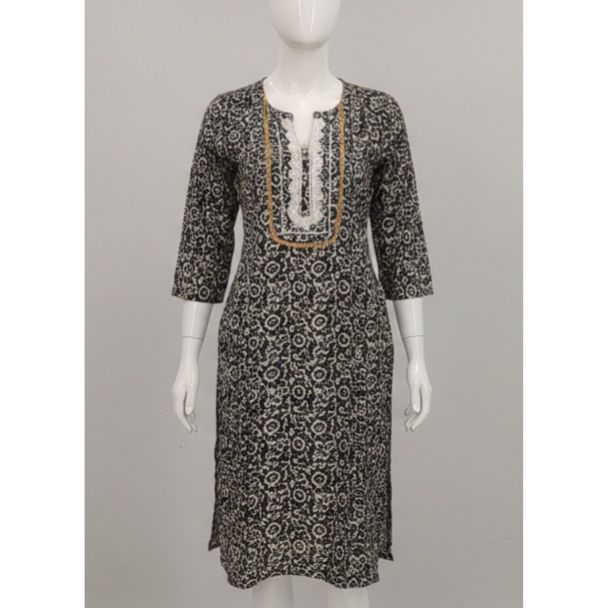 Black and white floral cotton kurti 3/4 sleeve A-line - Gangavathi Exports