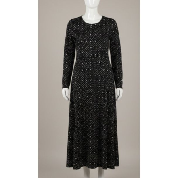 Black dotted cotton A-line midi dress long sleeve India