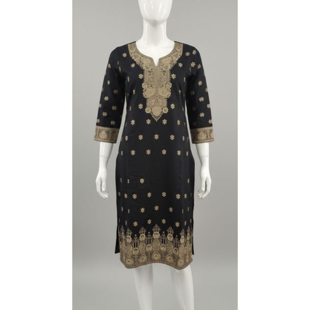 Black kurti with gold floral embroidery and 3/4 sleeves India
