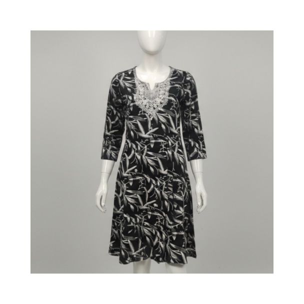 Black leaf print cotton kurti with 3/4 sleeves and embroidered neckline - Gangavathi Exports