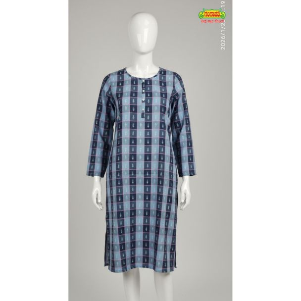 Blue checkered cotton kurti with 3/4 sleeves and A-line fit - Gangavathi Exports