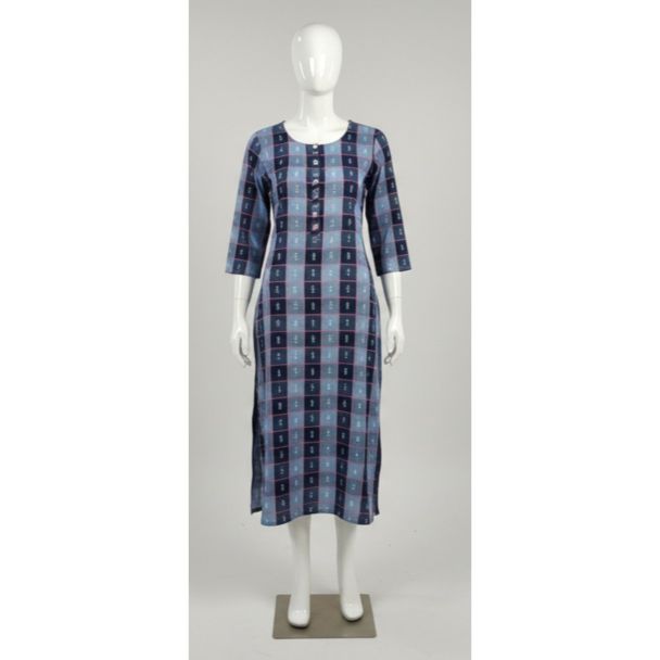 Blue Checkered Cotton Kurti 3/4 Sleeve Party Wear India