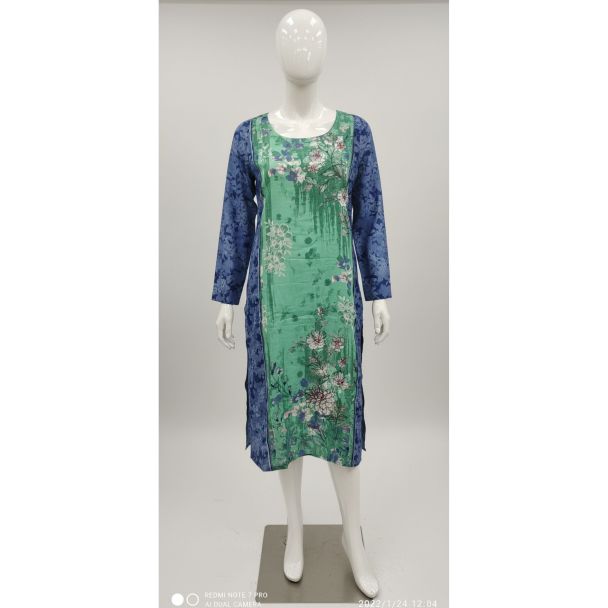 Knee-length straight cut kurti featuring a green floral center panel and blue patterned full sleeves