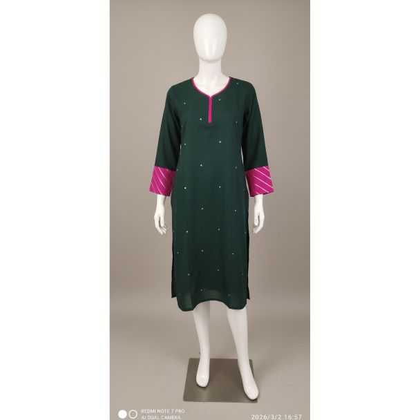 Bottle green embroidered kurti 3/4 sleeve A-line India
