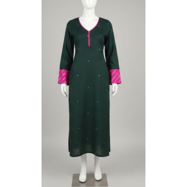 Bottle green solid rayon kurti with pink trim and full sleeve India