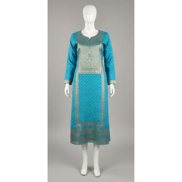Bright blue knee length kurti with gold brocade paneling displayed on a mannequin in India