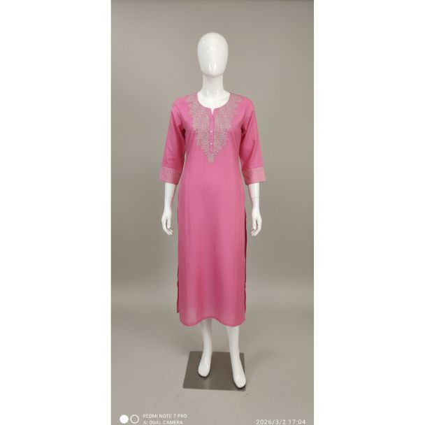 Bright pink straight cut kurti with silver embroidery on the yoke displayed on a white mannequin in India