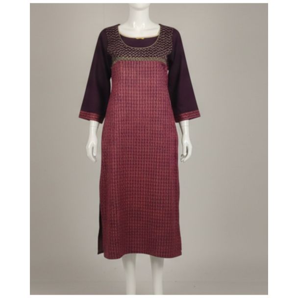 Burgundy checkered cotton kurti with 3/4 sleeves and A-line fit - Gangavathi Exports