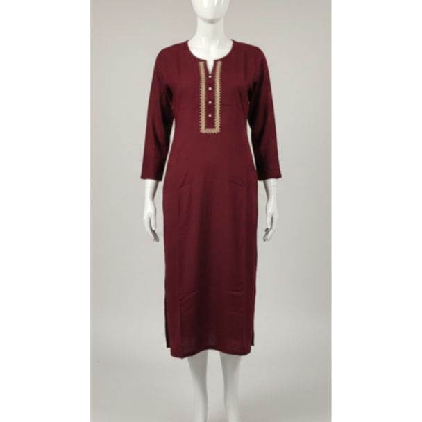 Burgundy cotton kurti with 3/4 sleeve and embroidered neckline India