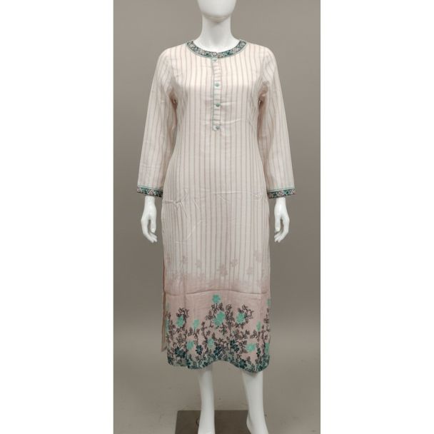 Cream floral embroidered cotton kurti 3/4 sleeve A-line - Gangavathi Exports