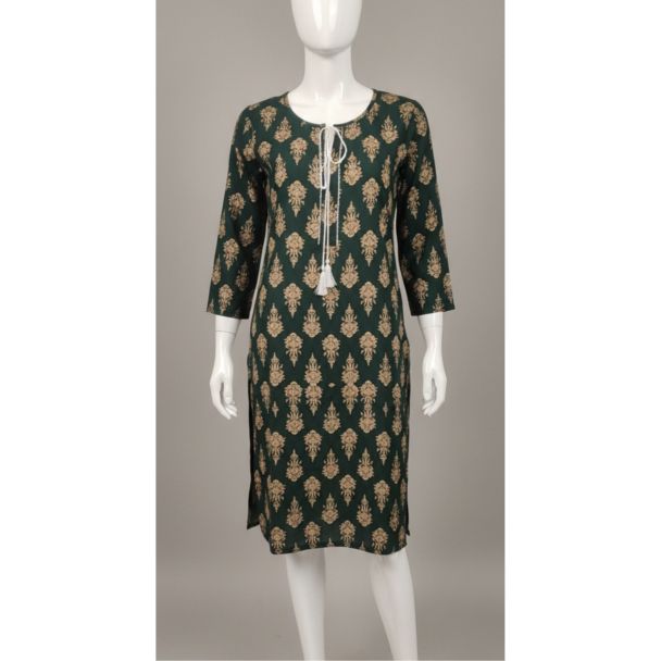Dark green floral print cotton kurti 3/4 sleeve A-line - Gangavathi Exports
