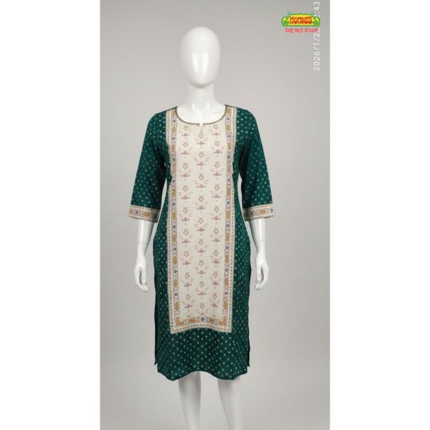 Dark green floral print cotton kurti 3/4 sleeve A-line - Gangavathi Exports