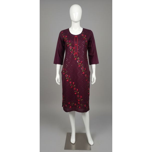Dark plum floral printed cotton kurti 3/4 sleeve - Gangavathi Exports