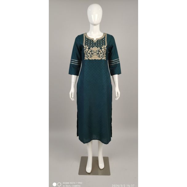 Dark teal cotton kurti with gold yoke embroidery and 3/4 sleeves