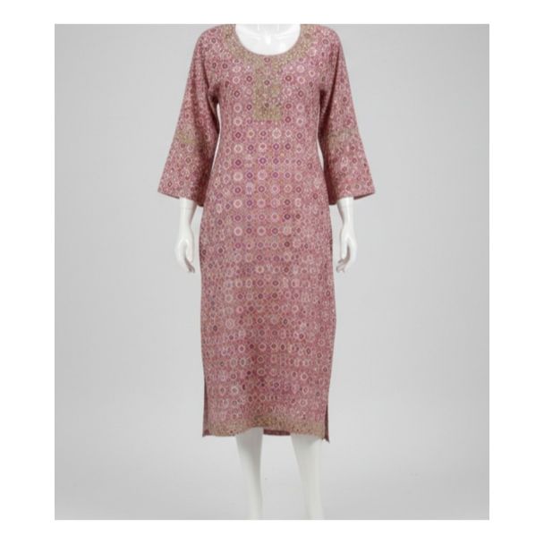 Dusty Rose Geometric Cotton Blend Kurti with Gold Embroidered Yoke and 3/4 Sleeves - Gangavathi Exports