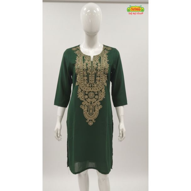 Emerald green georgette kurti with gold yoke embroidery and 3/4 sleeves