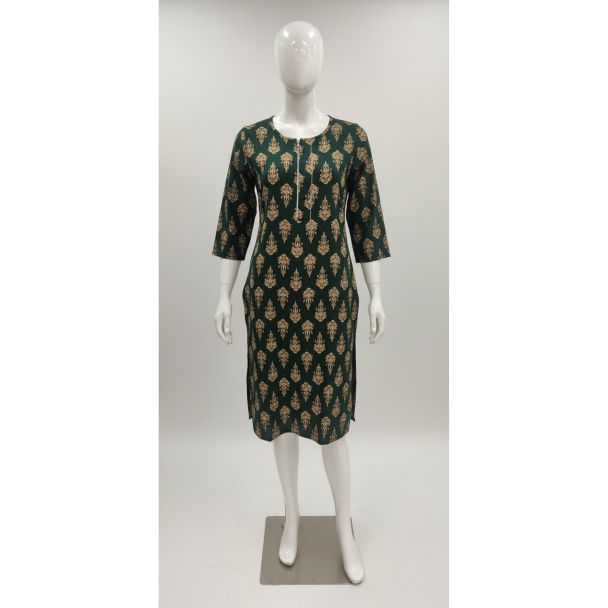 Forest green floral print cotton kurti 3/4 sleeve - Gangavathi Exports
