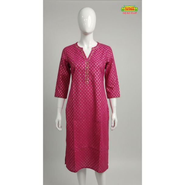 Fuchsia pink dotted cotton kurti 3/4 sleeve straight fit - Gangavathi Exports