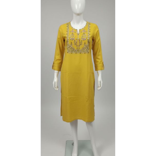 Golden yellow embroidered cotton straight kurti India