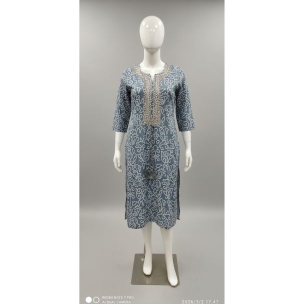 Gray batik print cotton kurti 3/4 sleeve India