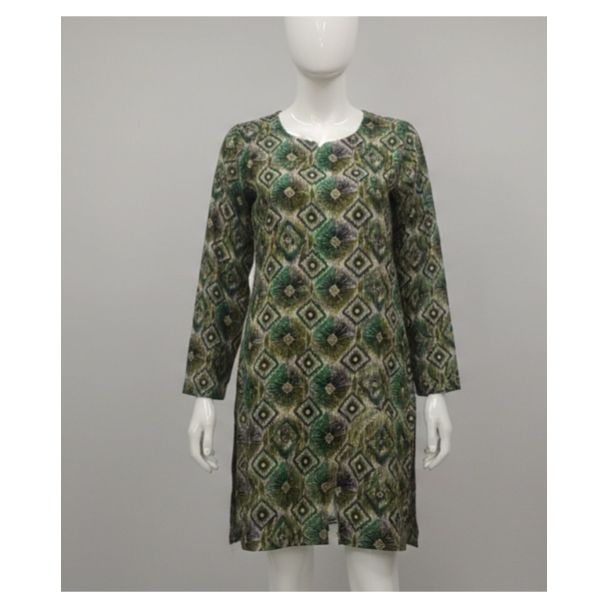 Green geometric print cotton kurti with full sleeves - Gangavathi Exports