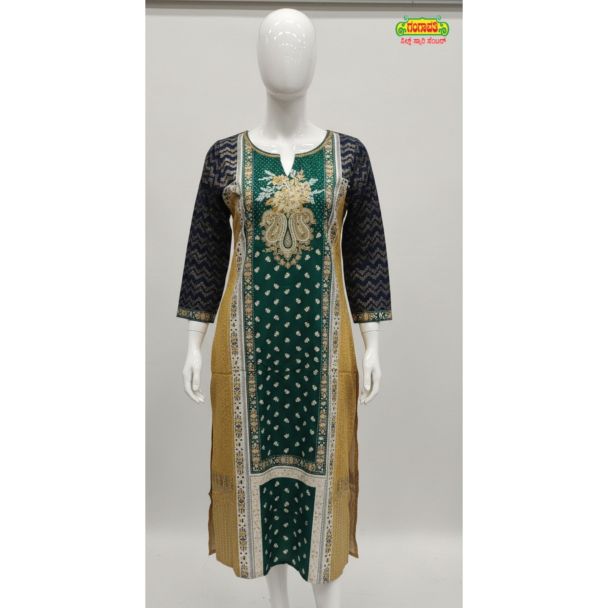 Green and gold printed cotton kurti with 3/4 sleeves - Gangavathi Exports