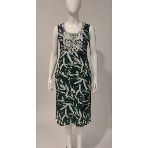 Green leaf print sleeveless knee-length kurti with white embroidery - Gangavathi Exports