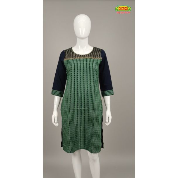 Green and Navy cotton kurti with 3/4 sleeves - budget friendly - Gangavathi Exports