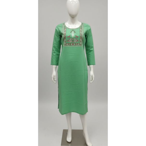 Bright leaf green straight cut kurti with detailed traditional embroidery on the yoke - Mannequin display