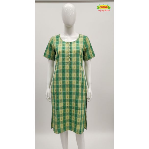 Green and yellow checkered cotton kurti with short sleeves and an A-line silhouette.