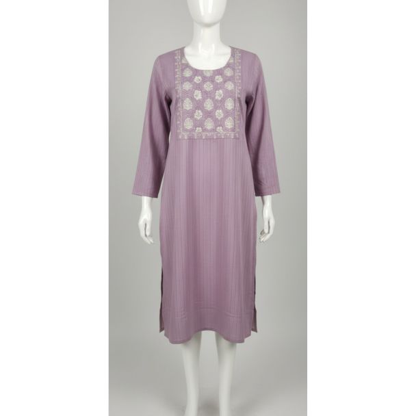 Lavender mauve cotton kurti with floral yoke embroidery and 3/4 sleeves