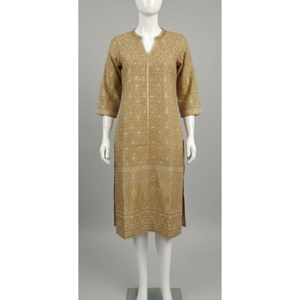 Light brown printed cotton kurti 3/4 sleeve A-line