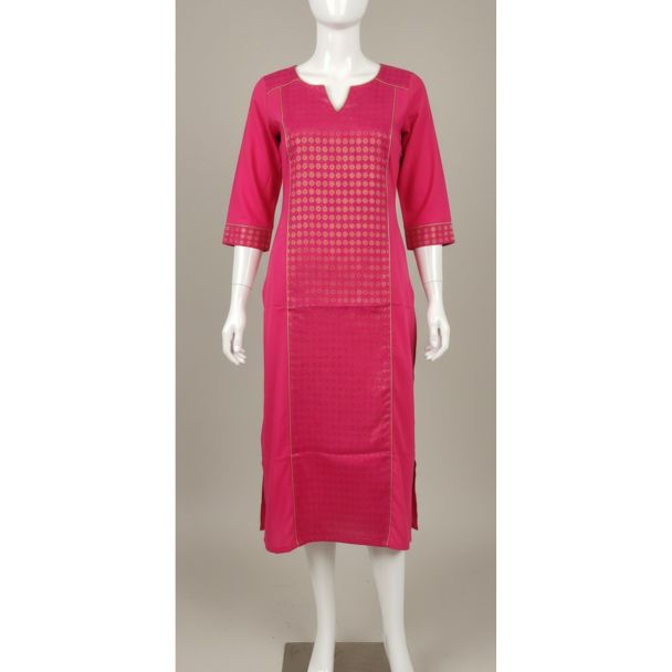 Magenta 3/4 sleeve kurti with gold geometric design and trim - budget-friendly