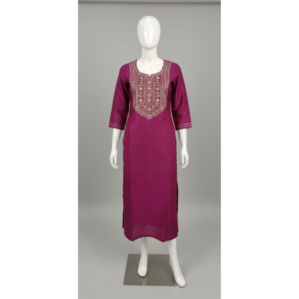 Magenta embroidered cotton kurti 3/4 sleeve India