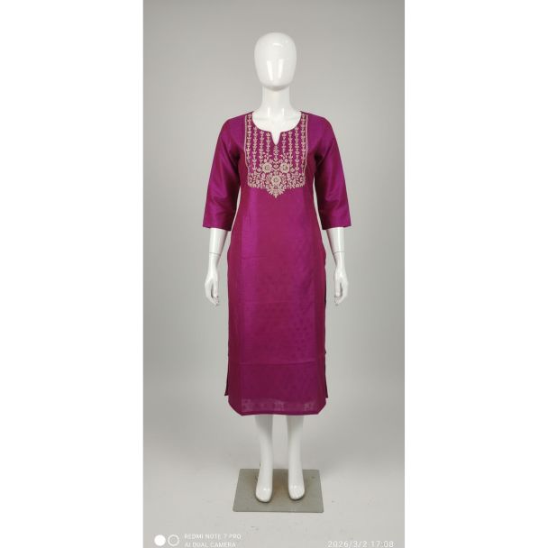 Magenta silk kurti with embroidery 3/4 sleeve knee length India