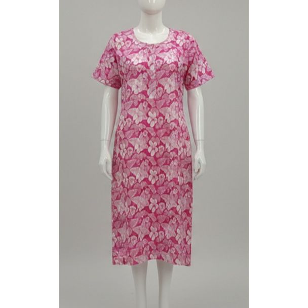 Magenta floral printed cotton dress with short sleeves - Gangavathi Exports