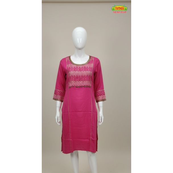 Magenta pink embroidered cotton kurti 3/4 sleeve A-line - Gangavathi Exports