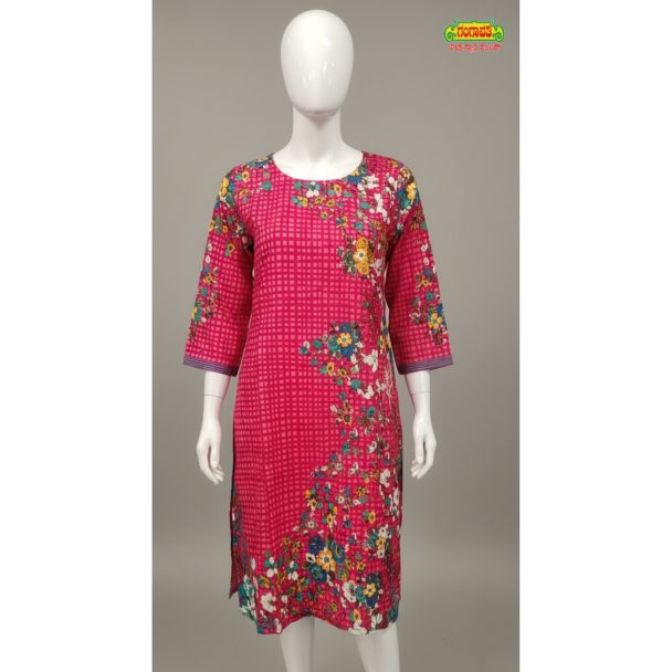 Magenta pink floral cotton kurti with 3/4 sleeves and grid pattern India