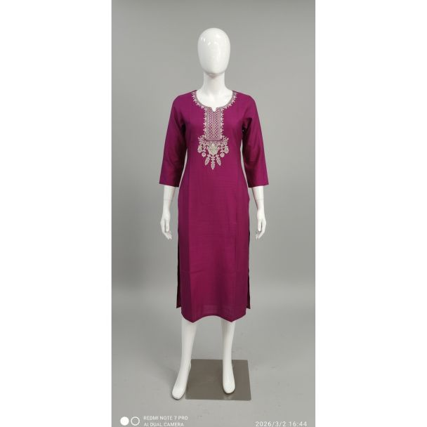 Magenta straight cut kurti with heavy white embroidery on yoke displayed on mannequin India