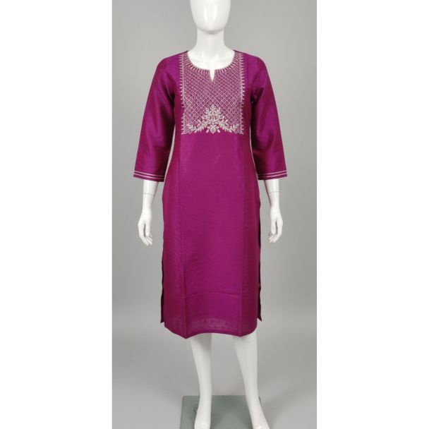 Deep magenta straight cut kurti with detailed white and silver embroidery on the yoke, displayed on a mannequin.