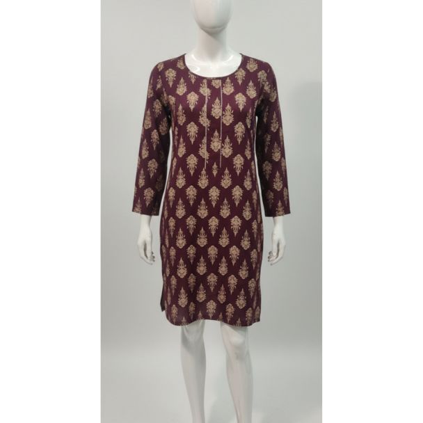Mahroon floral print cotton kurti 3/4 sleeve straight fit - Gangavathi Exports