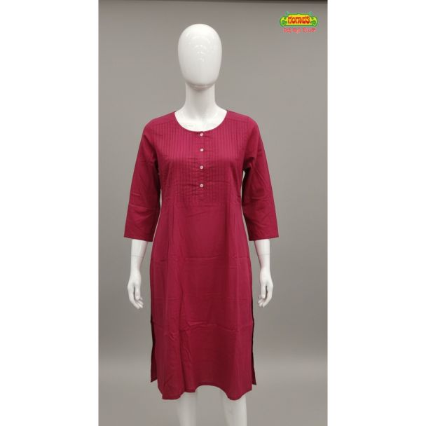 Maroon cotton kurti 3/4 sleeve A-line with button detailing - Gangavathi Exports