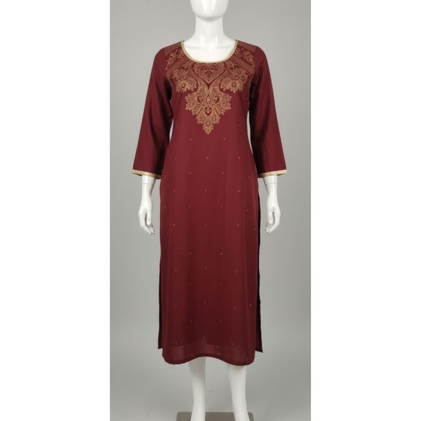 Maroon embroidered kurti 3/4 sleeve A-line with gold detailing - Gangavathi Exports